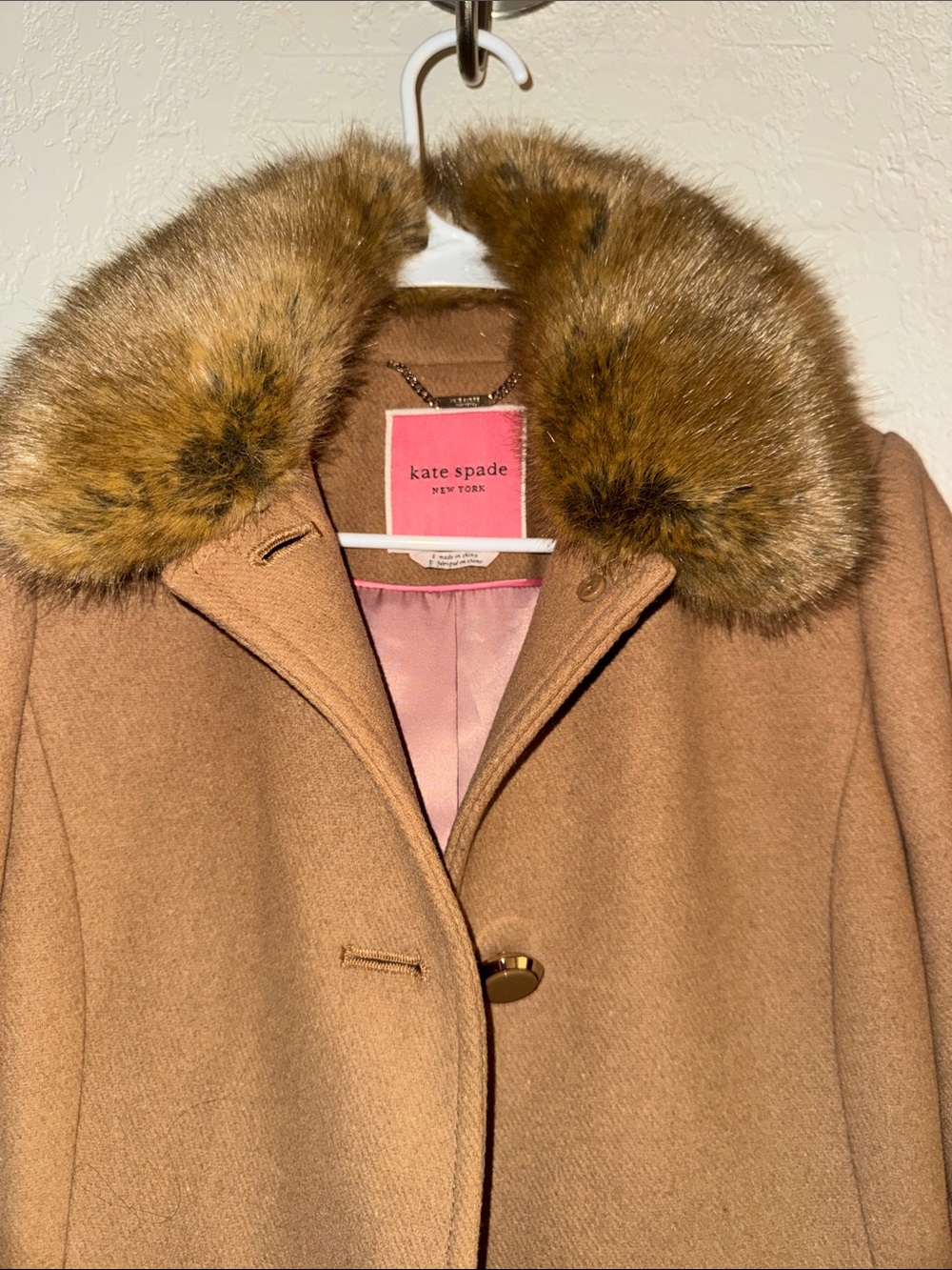 kate spade Camel Wool Trench Coat with Faux Fur Collar - Tan